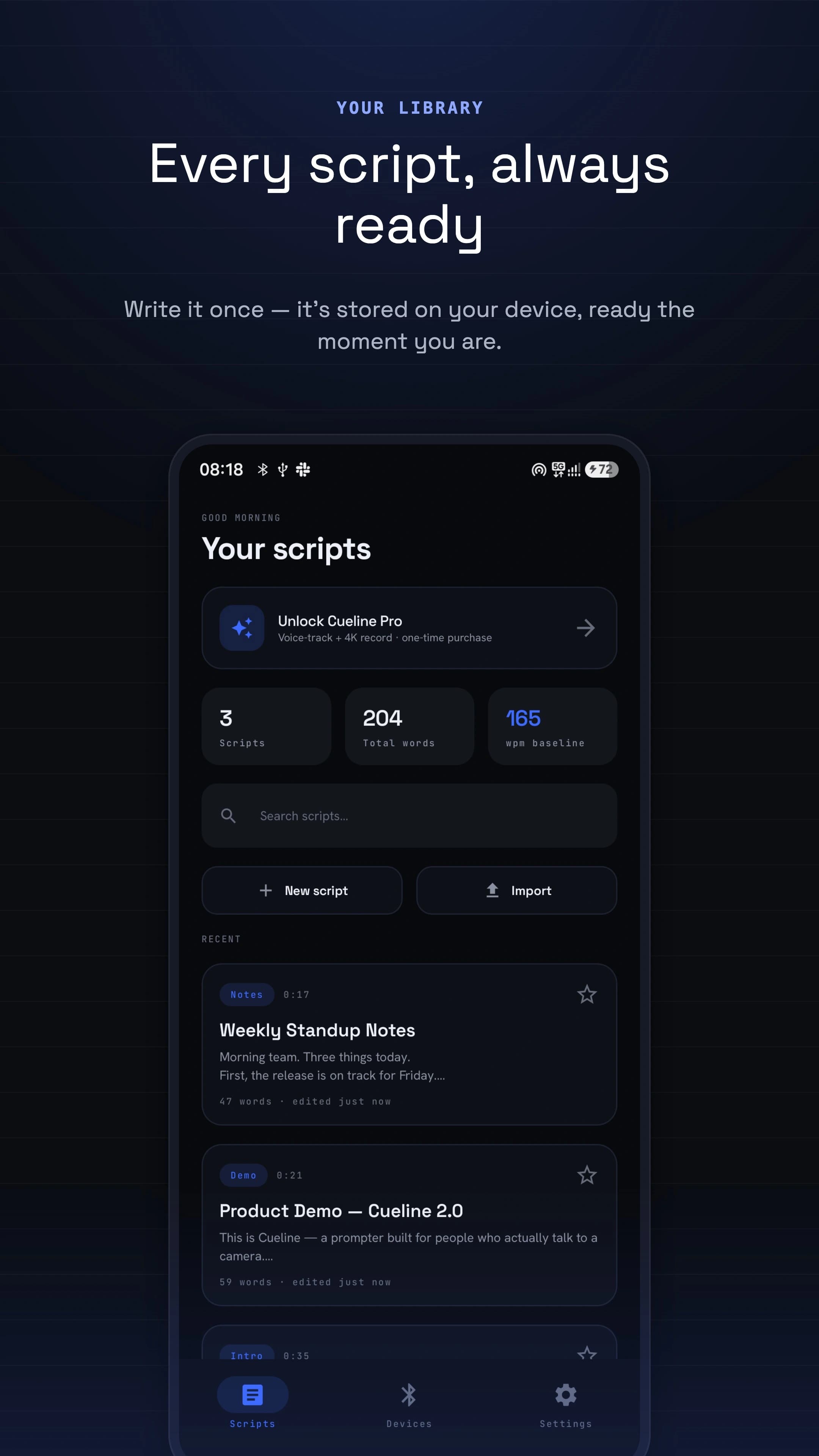 Cueline library — every script stored on your device, ready to read