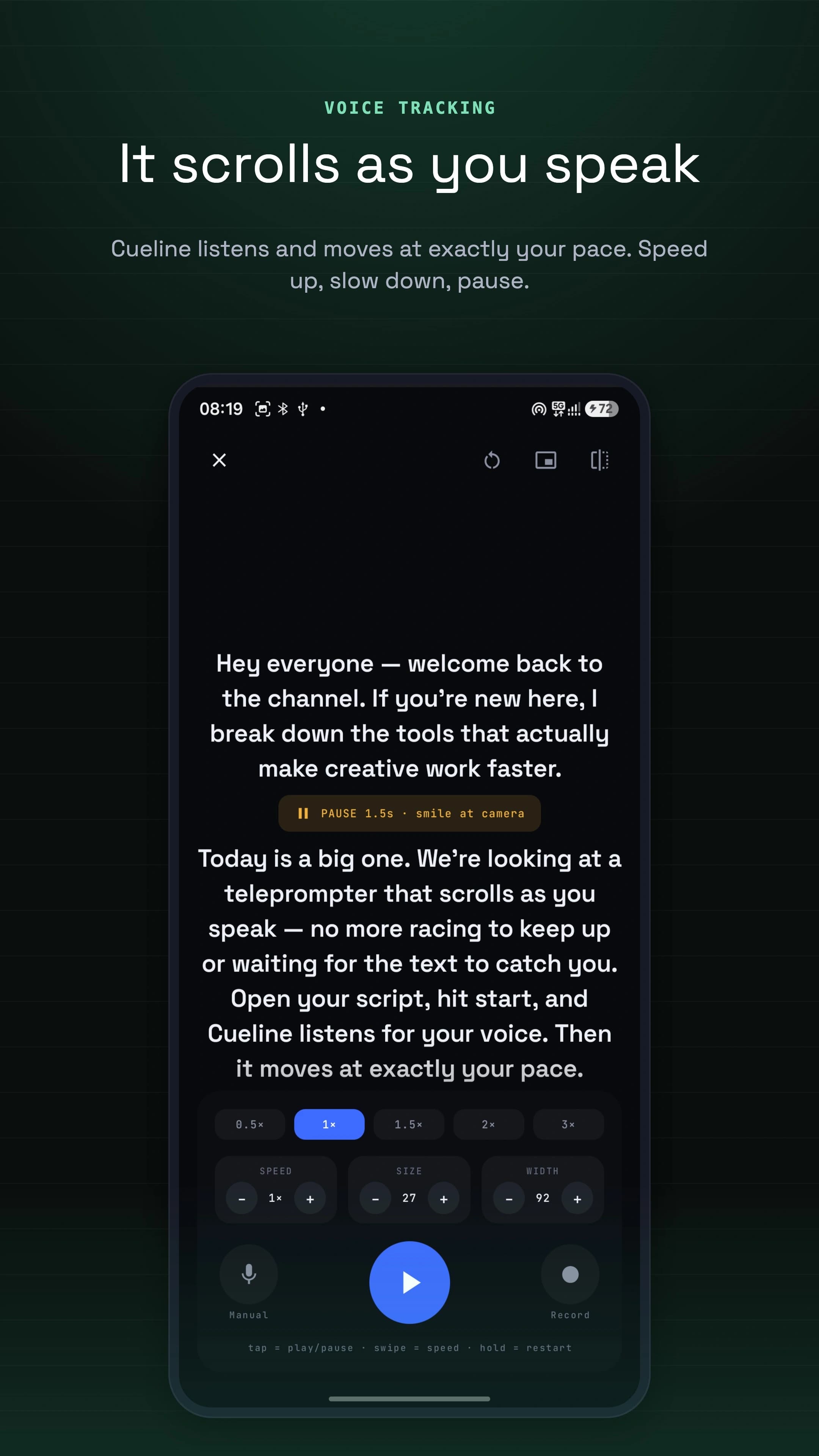 Voice tracking — the prompter scrolls as you speak, at your pace